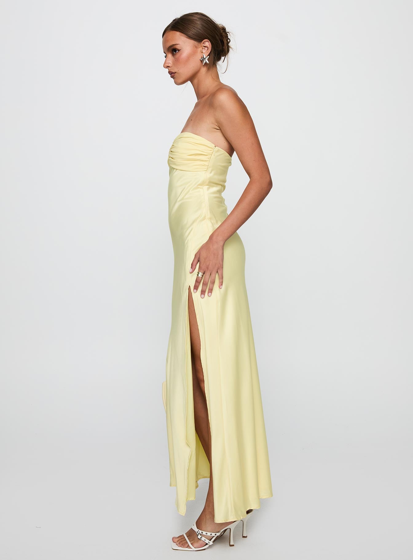 side view of model wearing Princess Polly Chevalier Strapless Maxi Dress Lemon Sweetheart Neckline 