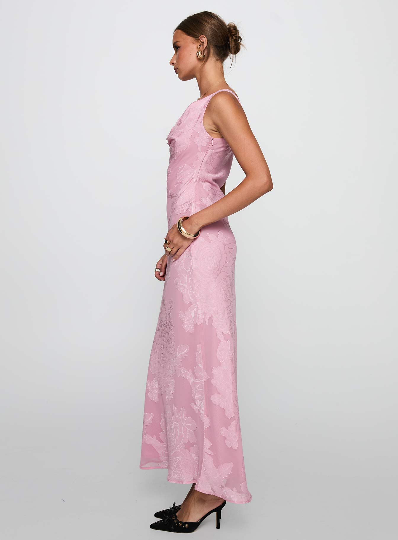 side view of model wearing Princess Polly Brietta Cowl Maxi Dress Pink Cowl Neck 