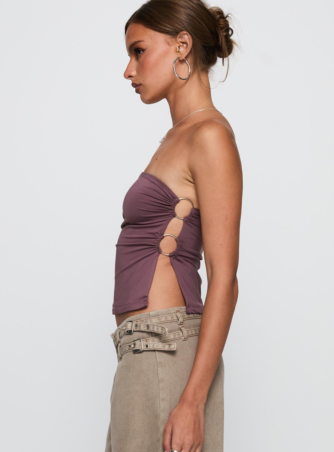 side view of model wearing Princess Polly Round The World Strapless Purple Sleeveless straight 