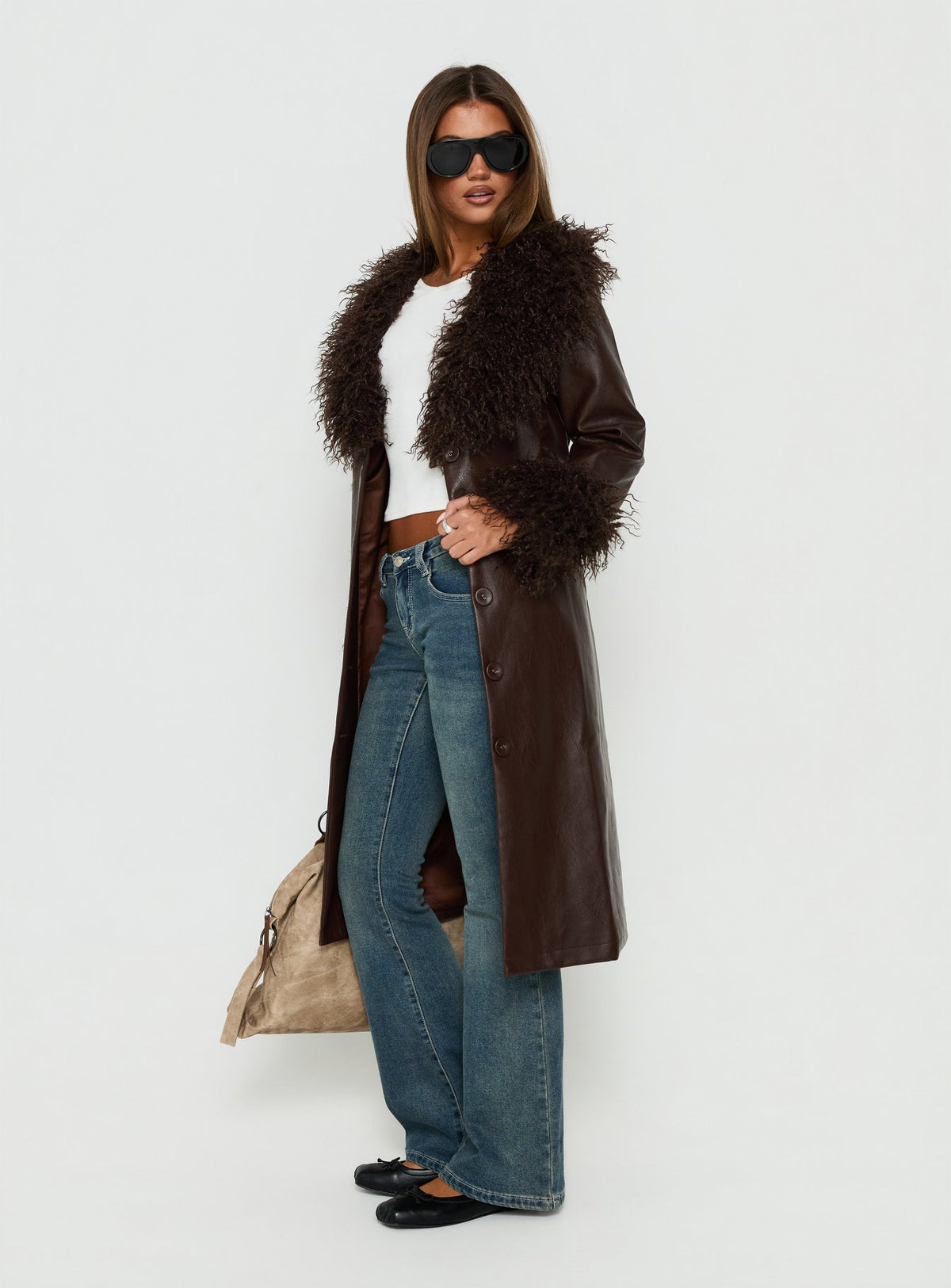 Adeliah Faux Fur Longline Jacket Brown