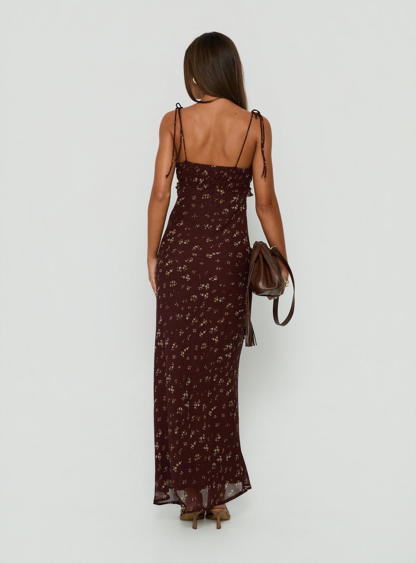 Morcar Frill V Neck Maxi Dress Brown / Yellow Floral