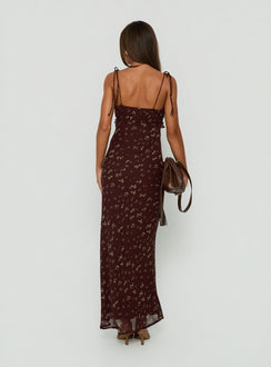 Morcar Frill V Neck Maxi Dress Brown / Yellow Floral