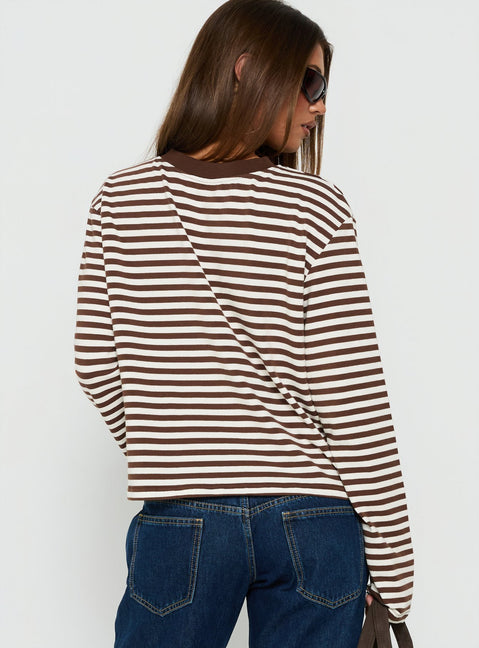 Viollette V Neck Long Sleeve Top Brown Stripe