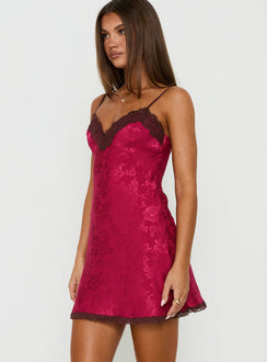 Viretta Satin Jacquard Lace Trim Mini Dress Burgundy