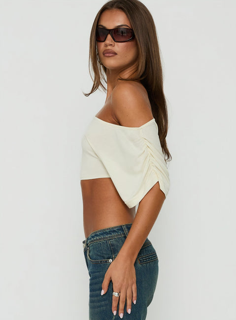 Miskie Draped Off Shoulder Micro Crop Top Butter Yellow