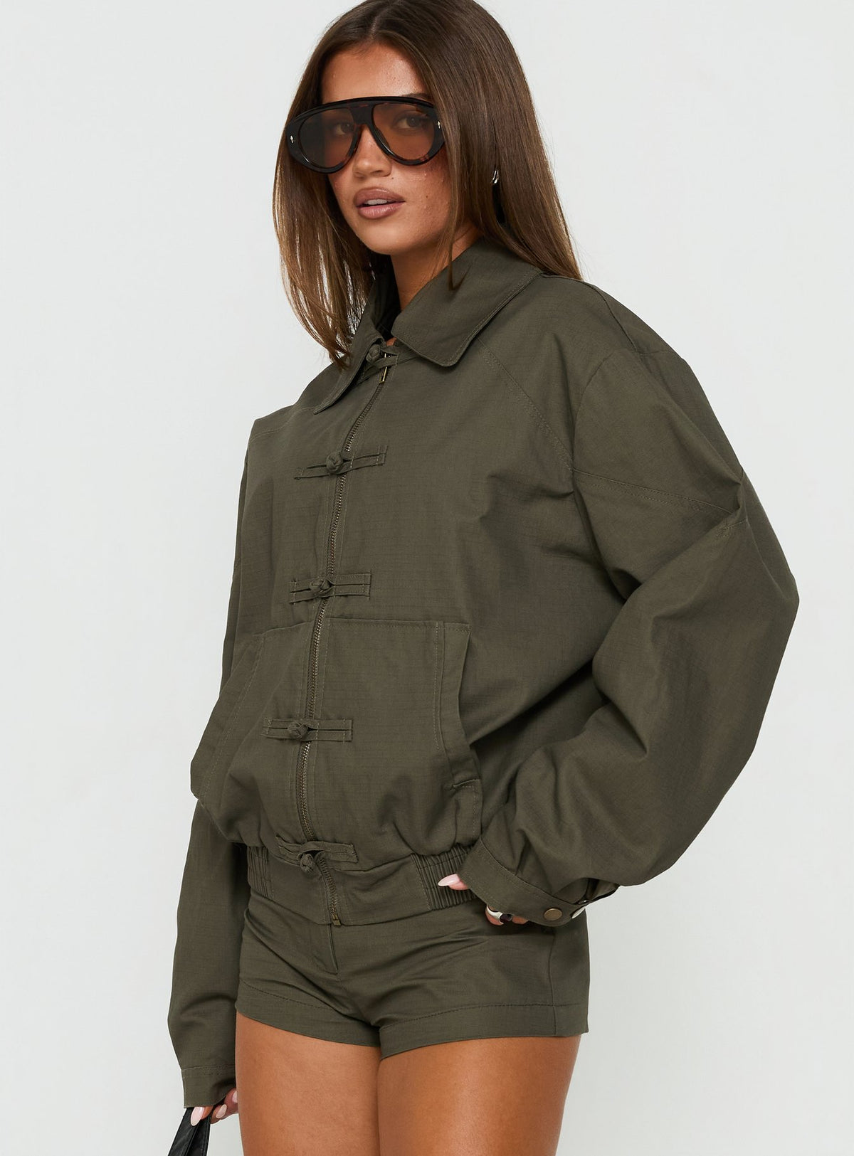 Satchie Utility Frog Closure Bomber Jacket Khaki