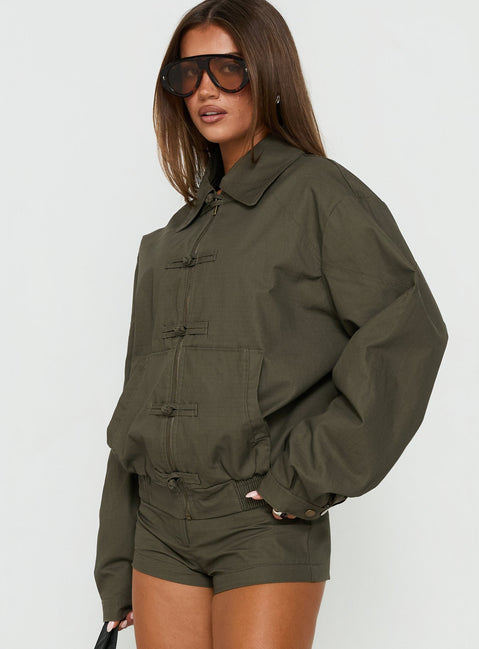 Satchie Utility Frog Closure Bomber Jacket Khaki