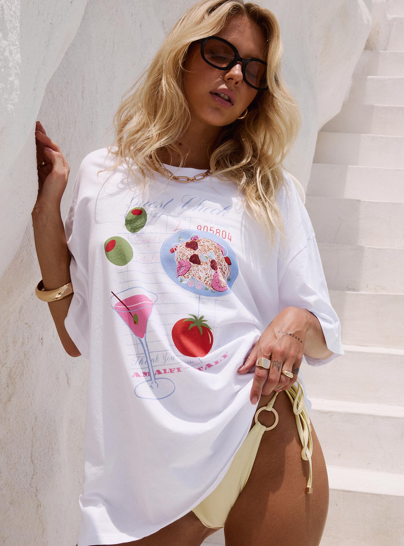 back view of model wearing Princess Polly Dine With Me Graphic Top White Half Sleeves Crew Neck 