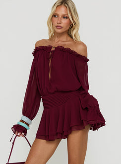 Felicita Off Shoulder Long Sleeve Chiffon Mini Dress Cherry