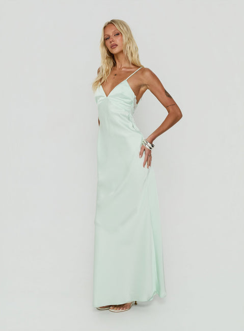 Flip A Switch Satin Lace Slip Maxi Dress Mint