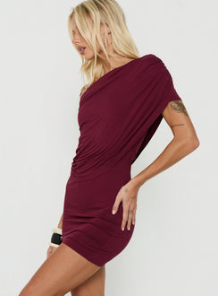 Florencie Draped Off Shoulder Mini Dress Wine