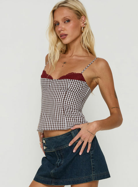 Baby Steps Spliced Bust Detail Cami Top Brown Gingham