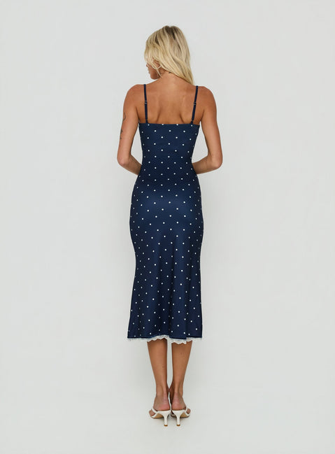 Delaney V Neck Frill Midi Dress Navy / White Polka