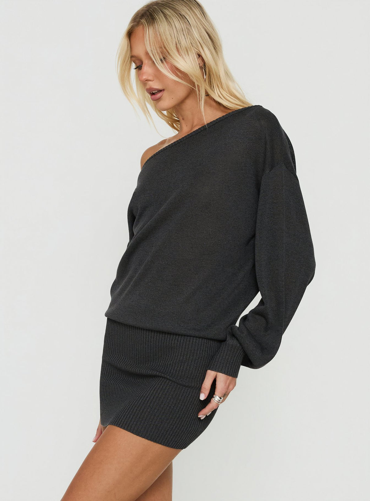 Johannah Off Shoulder Long Sleeve Knit Mini Dress Dark Grey