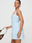 side view of model wearing Princess Polly Talisse Dress Blue Square Neck 