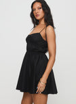 side view of model wearing Princess Polly Jacksonne Mini Dress Black Petite Square Neck 