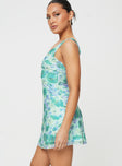 Floral print mini dress, mesh material V-neckline, fixed shoulder straps