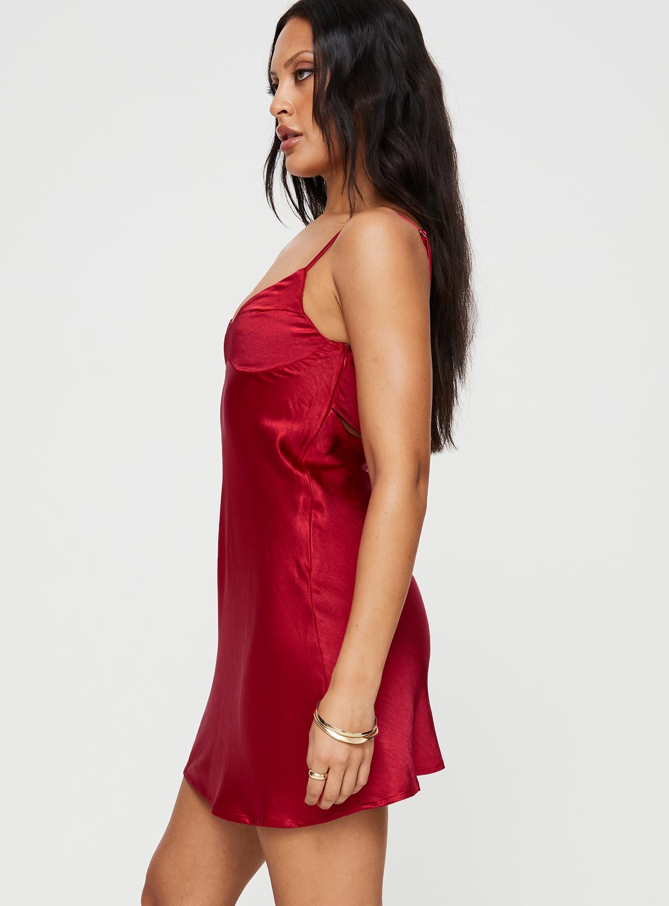 Front view of model wearing  front Princess Polly Asymmetric Neckline Asymmetric Neckline  Jazelle Mini Dress Red