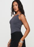 side view of model wearing Princess Polly Talija One Shoulder Bodysuit Slate Sleeveless Asymmetric Neckline 