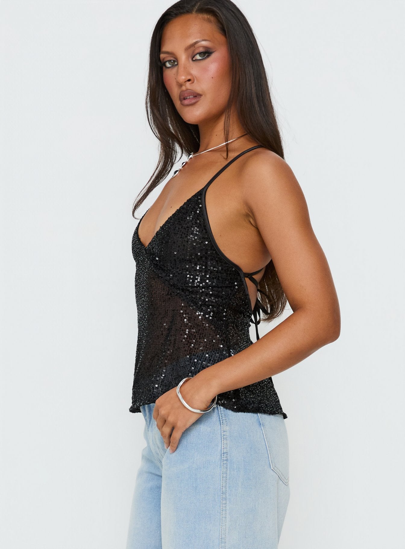 Opaline Sequin Cami Top Black | Princess Polly