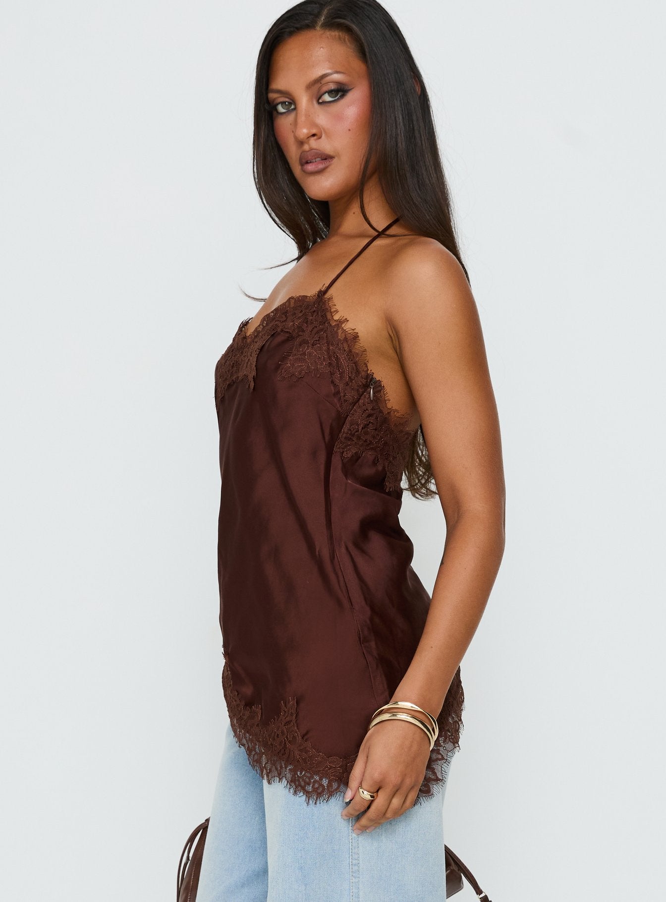 Cosetta Lace Trim Asysmmetrical Cami Top Chocolate | Princess Polly