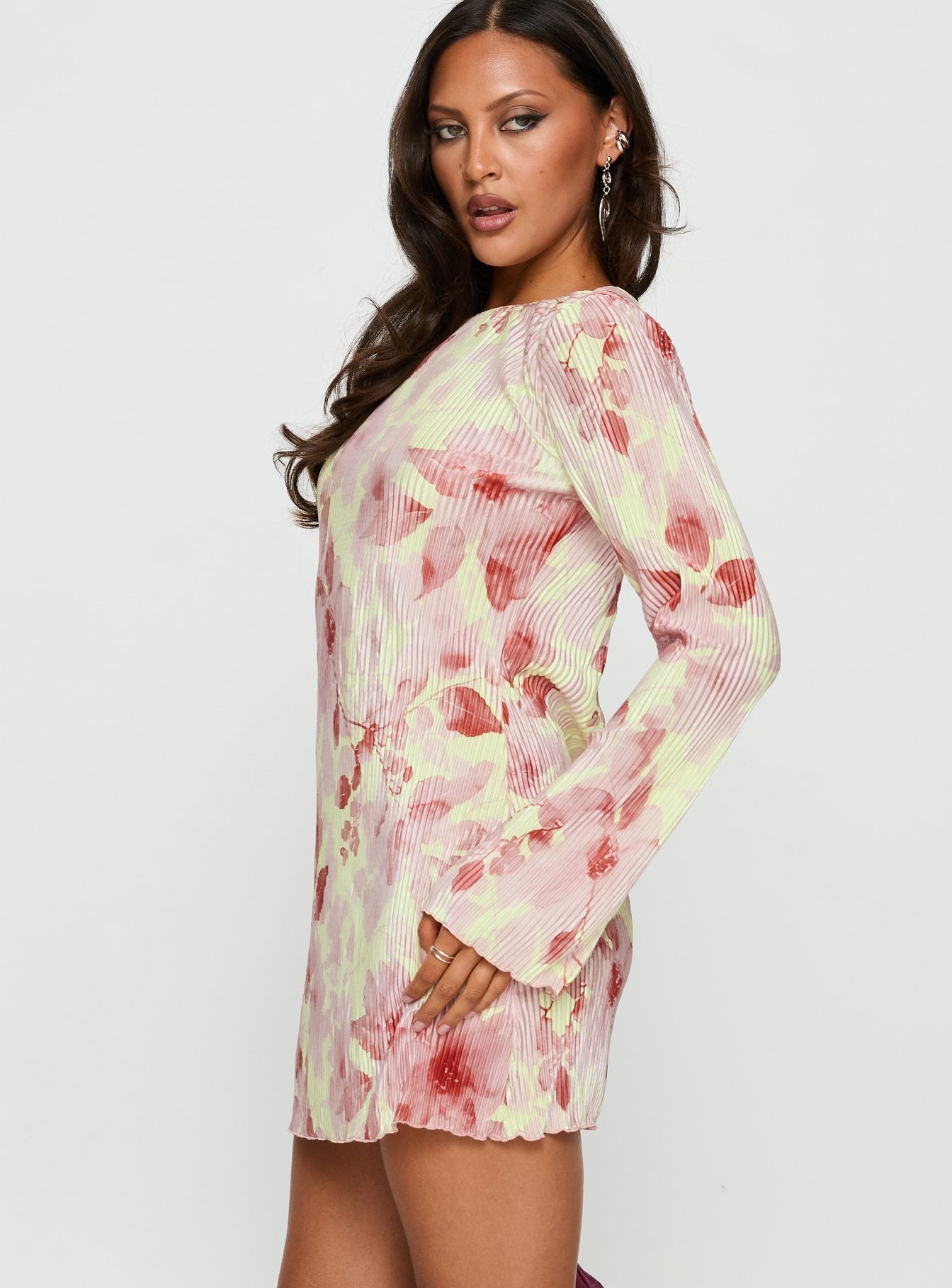 Odelie Long Sleeve Plisse Mini Dress | Multi Floral | Womens