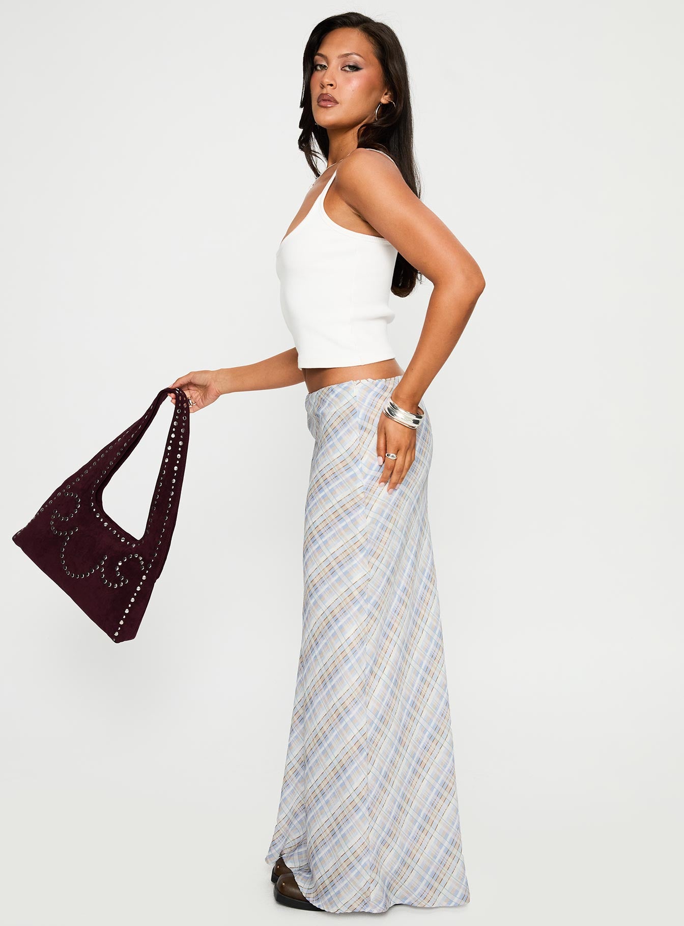   side view of model wearing Princess Polly Quianna Maxi Skirt Multi Maxi 