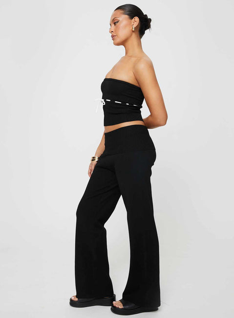 Matching set, ribbed knit material Strapless top, tie detail Low-rise pants, straight leg
