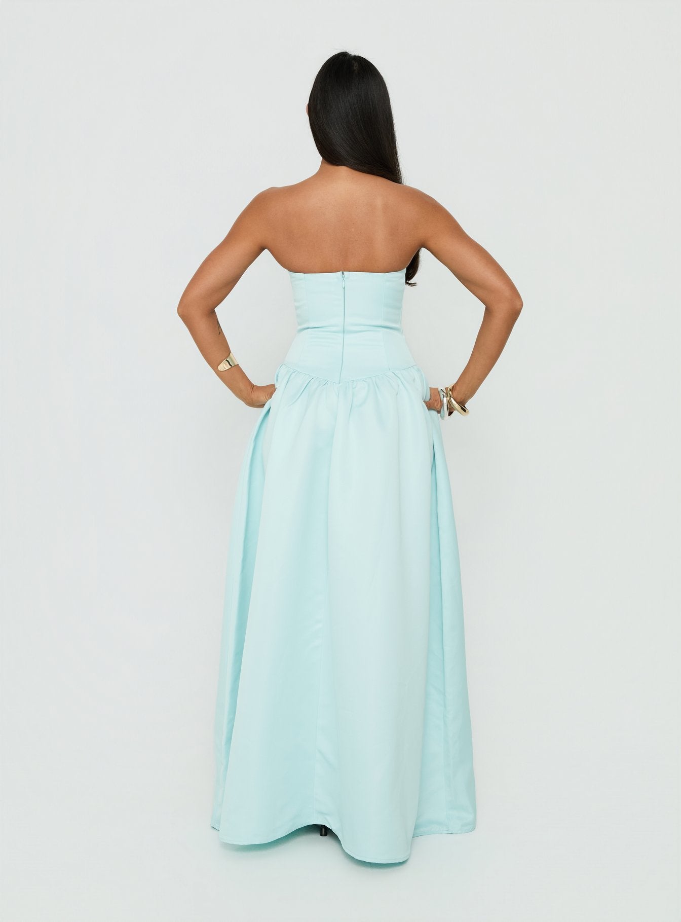 Soft Bloom Drop Waist Strapless Maxi Dress Blue