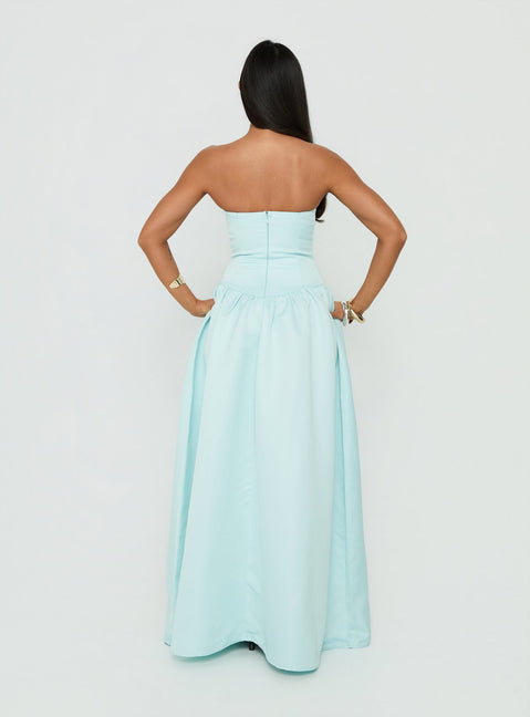 Soft Bloom Drop Waist Strapless Maxi Dress Blue