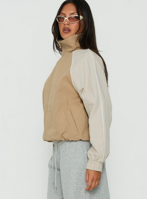 Mistro Funnel Neck Windbreaker Jacket Beige