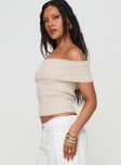 side view of model wearing Princess Polly Murmur Off Shoulder Top Beige Short Sleeves straight 