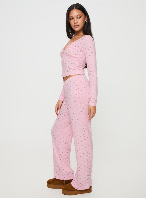 Pink Matching sleep set Butterfly print, v neckline, long sleeves, elasticated waistband