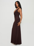 side view of model wearing Princess Polly Frederica Plunge Maxi Dress Chocolate Petite Plunger 