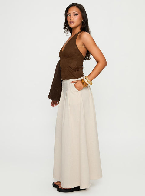   side view of model wearing Princess Polly Bohemian Spirit Maxi Skirt Beige Maxi 