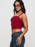 side view of model wearing Princess Polly Essentials Ruched Rib Cami Top Red Sleeveless Sweetheart 