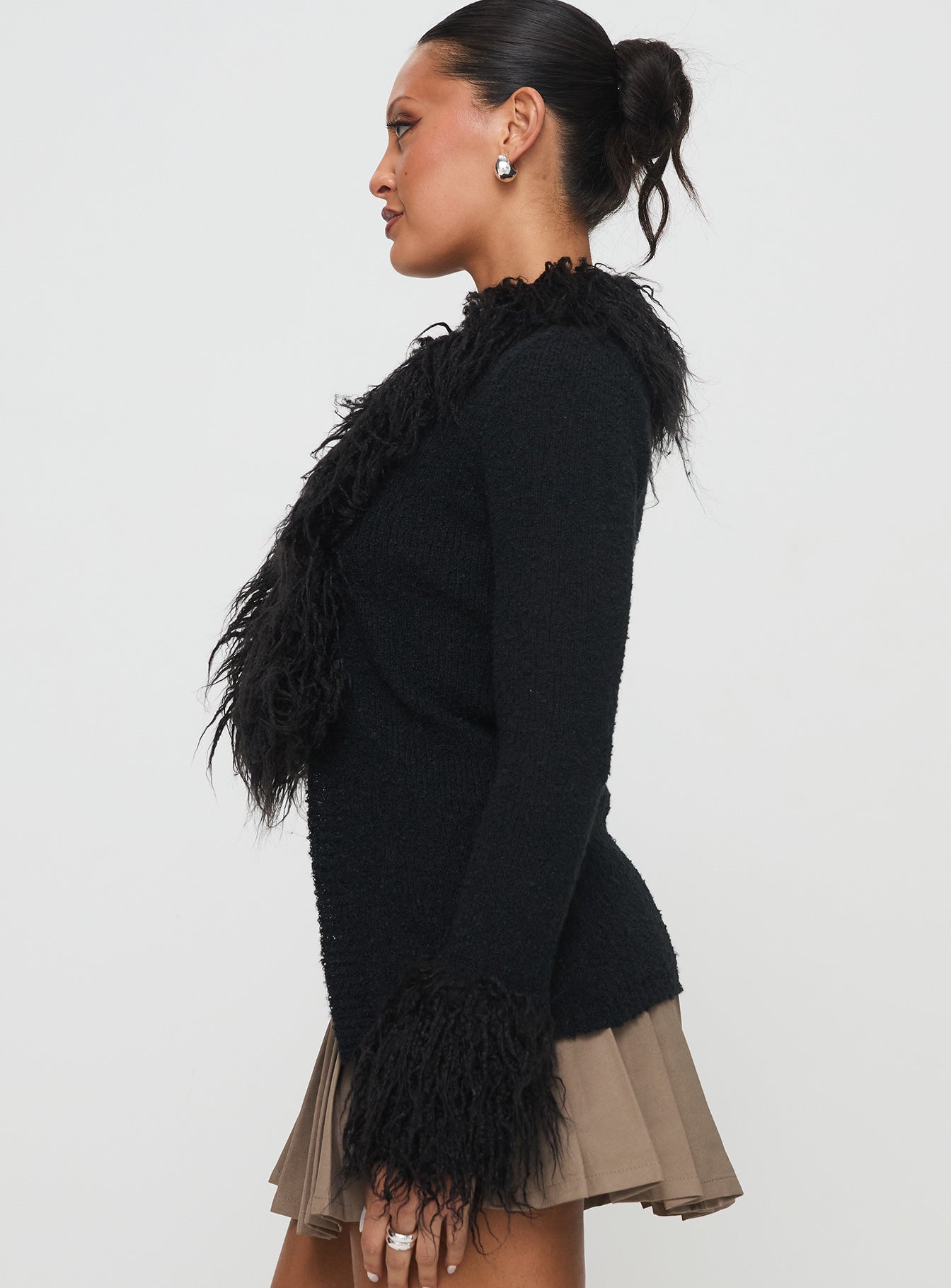 side view of model wearing Princess Polly Sistine Cardigan Black Longline Jumpers 