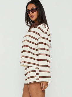 Eddi Long Sleeve Polo Top Cream / Brown Stripe