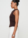 side view of model wearing Princess Polly Valoria Top Brown Sleeveless Asymmetric Neckline 