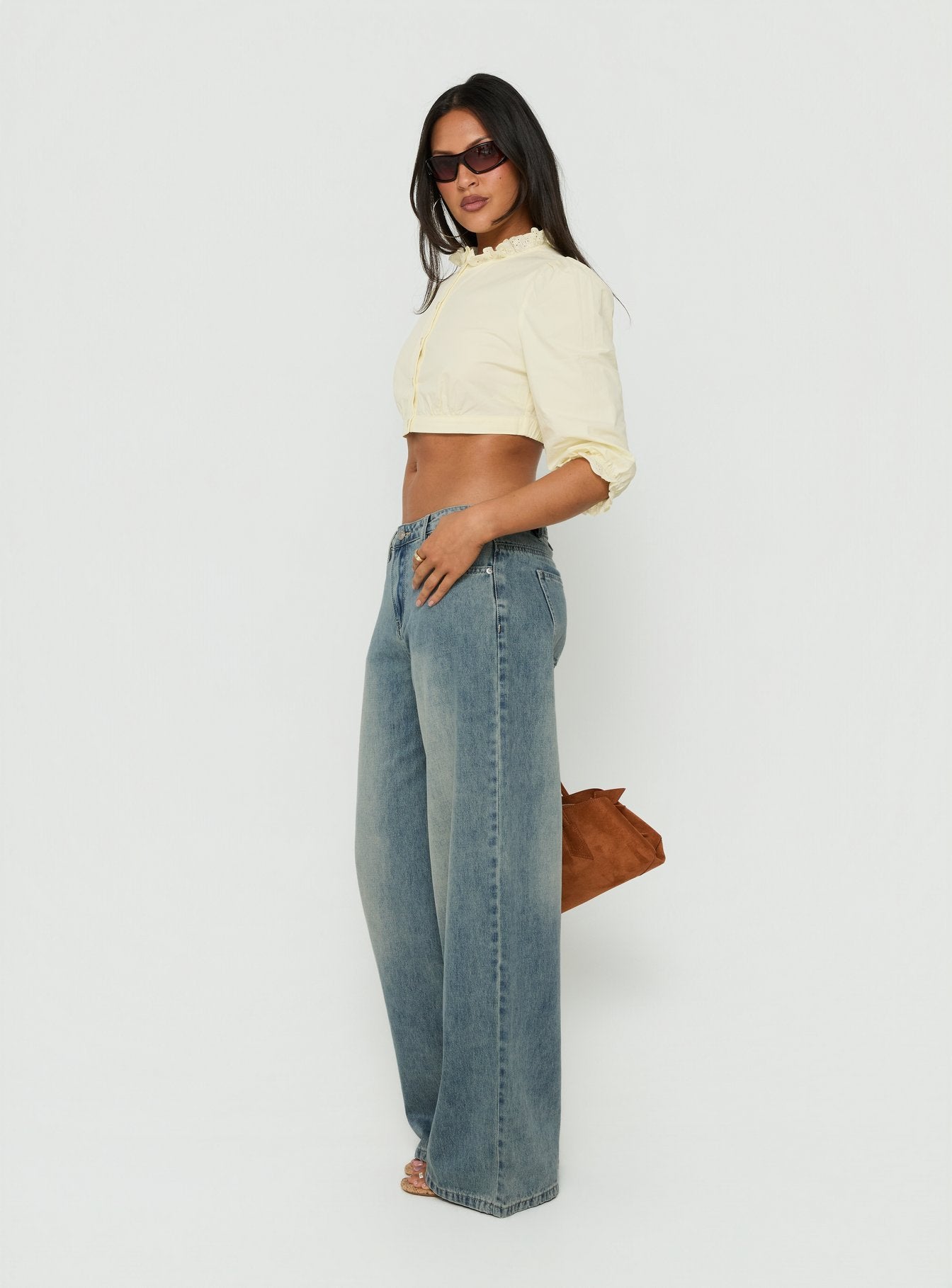 Karlos Low Rise Cinched Baggy Jeans Vintage Mid Blue Wash