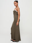 side view of model wearing Princess Polly Austrina Maxi Dress Olive Square Neck 