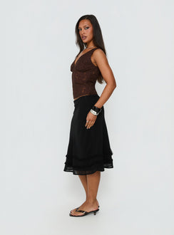   side view of model wearing Princess Polly Clarabella Frill Midi Skirt Black Midi Skirts 