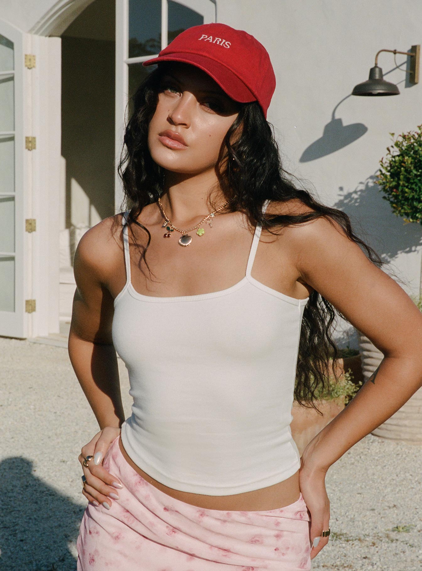 front view of model wearing Princess Polly Baseline Rib Top White Sleeveless Square Neck 