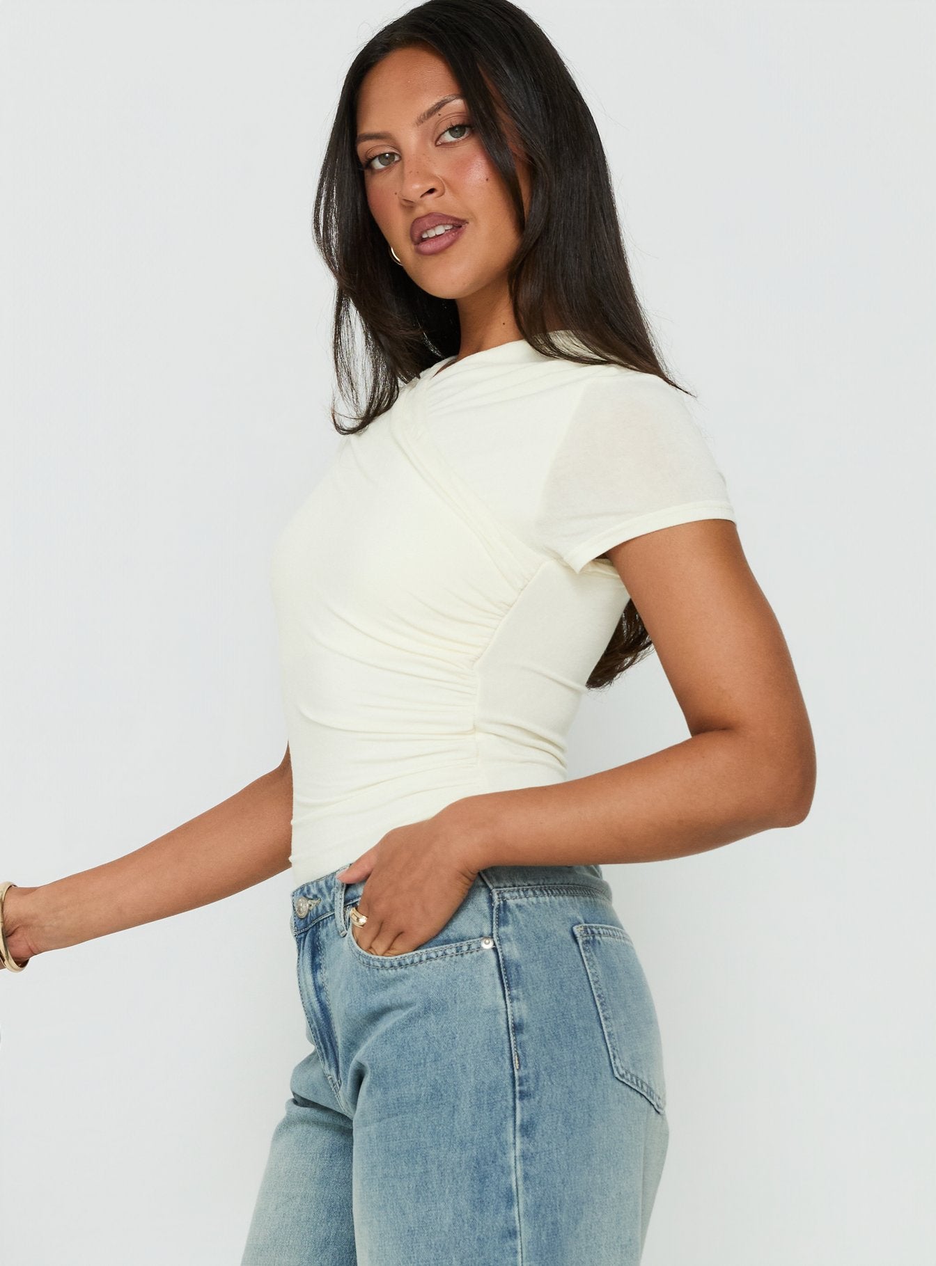 Odettea Cross Front Short Sleeve Bodysuit Cream