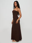 side view of model wearing Princess Polly Bellaire Strapless Maxi Dress Brown Straight Neck 