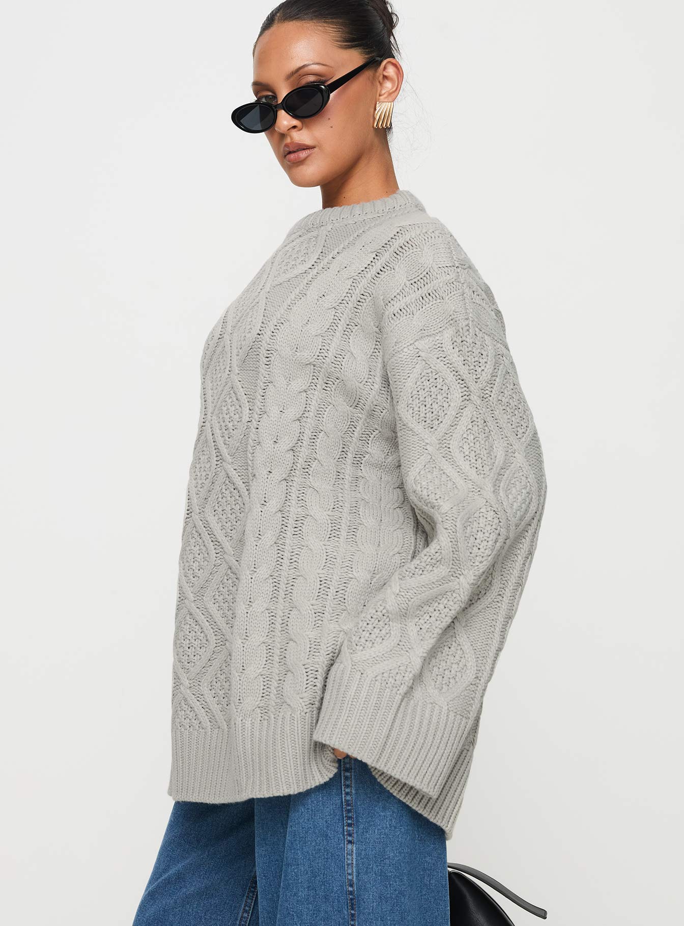 side view of model wearing Princess Polly Gigi Knit Sweater Cloud Long 