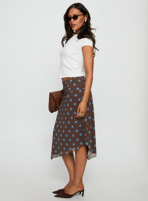   side view of model wearing Princess Polly Daphene Asymmetrical Midi Skirt Brown / Blue Polka Dot Midi Skirts 