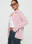 side view of model wearing Princess Polly Belize Shirt Red / White Stripe Full Sleeves V-Neck 