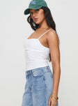 side view of model wearing Princess Polly Halbert Ruched Top White Sleeveless Square Neck 