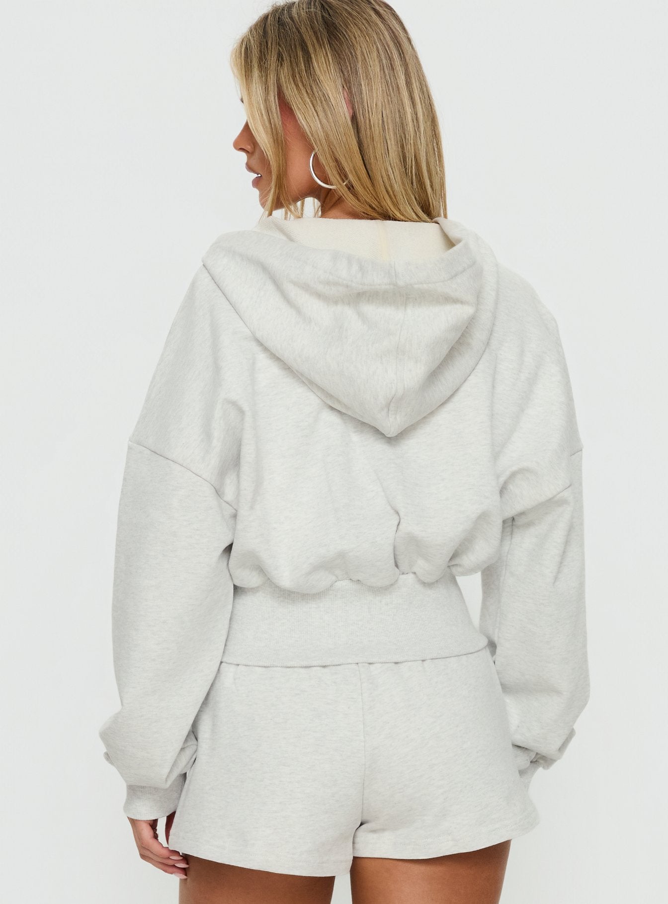 back view of model wearing Princess Polly Daytime Cropped Blouson Hoodie Snow Marle 